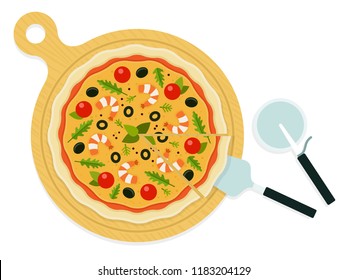 Whole pizza with seafood on a wooden board with a knife and scapula vector flat material design isolated on white