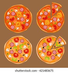 Whole pizza and pizza with separated slice with onions, black and green olives, mushrooms, tomatoes, yellow and green bell peppers, salami or pepperoni. Yummy pizza with toppings