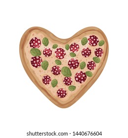 Whole pizza in the shape of a heart. Vector illustration on white background.