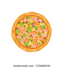 Whole pizza with shrimp, pepper, cheese, olive and onion. Vector illustration isolated on white background