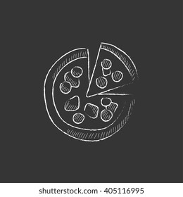 Whole pizza with slice. Drawn in chalk icon.