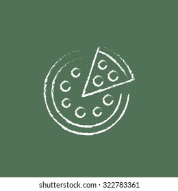 Whole pizza with a slice hand drawn in chalk on a blackboard vector white icon isolated on a green background.
