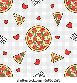 Whole Pizza and Pizza Slice and Hearts on Plaid White Background Vector Seamless Pattern
