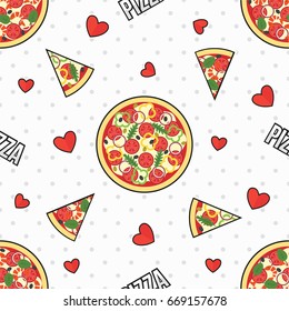 Whole Pizza and Pizza Slice and Hearts on White Background with Dots Vector Seamless Pattern