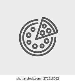 Whole pizza with slice icon thin line for web and mobile, modern minimalistic flat design.  Vector dark grey icon on light grey background.