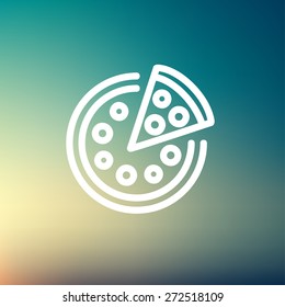 Whole pizza with slice icon thin line for web and mobile, modern minimalistic flat design. Vector white icon on gradient mesh background.