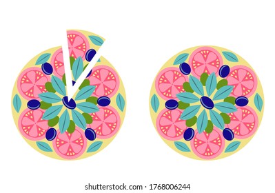 Whole pizza and slice isolated on white background. Vector illustration in flat style. Delicious pizza with tomatoes drawn in cartoon style.
