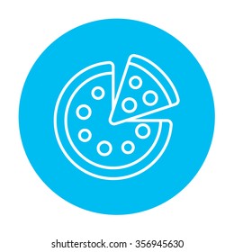 Whole pizza with a slice line icon for web, mobile and infographics. Vector white icon on the light blue circle isolated on white background.