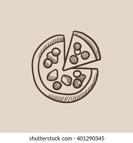 Whole pizza with slice sketch icon.