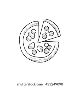 Pizza completa con icono de esbozo de vector de división aislado en el fondo. Pizza entera dibujada a mano con icono de rodaja. Pizza completa con icono de sketch de porción para infografía, sitio web o aplicación.