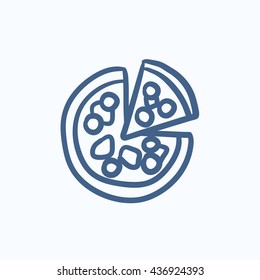 Whole pizza with slice vector sketch icon isolated on background. Hand drawn Whole pizza with slice icon. Whole pizza with slice sketch icon for infographic, website or app.