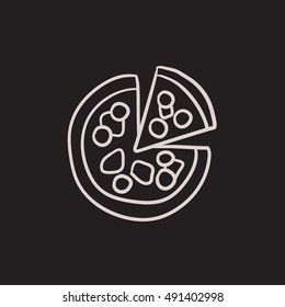Whole pizza with slice vector sketch icon isolated on background. Hand drawn Whole pizza with slice icon. Whole pizza with slice sketch icon for infographic, website or app.