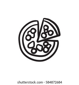 Whole pizza with slice vector sketch icon isolated on background. Hand drawn Whole pizza with slice icon. Whole pizza with slice sketch icon for infographic, website or app.