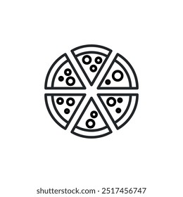 Whole pizza with sliced pieces icon. A simple and minimalistic outline illustration of a whole pizza cut into six slices, ideal for culinary designs and food-related projects. Vector illustration