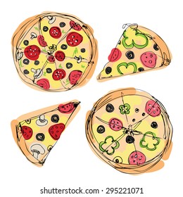 a whole pizza and slices of pizza. color option for the menu banner . vector white background