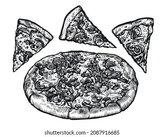 Whole pizza and slices. Hand drawn Pepperoni. Sketch style traditional Italian food