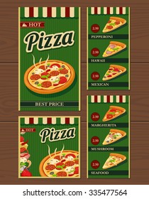 Whole pizza and slices and the ingredients. Pepperoni, Hawaiian, Margherita, Mexican, Seafood, Capricciosa. Isolated vector retro vintage illustration for poster, menus, logotype, brochure.