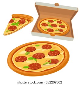 Whole pizza and slices of pepperoni  in open white box. Vector flat illustration isolated on white background. Hand drawn design element for label and poster