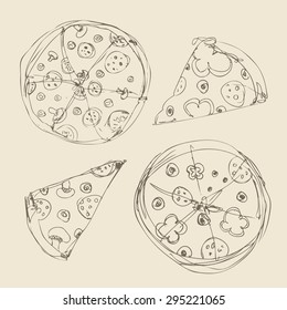 a whole pizza and slices of pizza. Tomatoes, peppers , sausage , mushrooms , olives . sketch variant for menu banner . vector green background