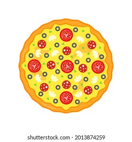 Whole pizza with tomatoes, olives and mushrooms top view in flat style isolated on white background. Vector stock illustration. 