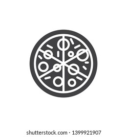 Whole pizza top view vector icon. filled flat sign for mobile concept and web design. Sliced pizza glyph icon. Italian food symbol, logo illustration. Pixel perfect vector graphics