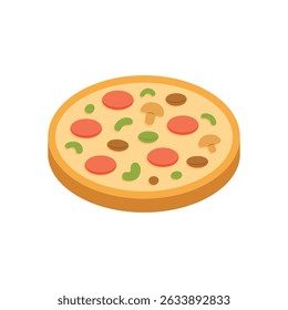 Pizza inteira com coberturas, incluindo fatias de pepperoni, cogumelos, pimentões verdes e azeitonas. Perfeito para desenhos de menus, aplicativos de entrega de alimentos ou ilustrações culinárias. Vetor isolado no branco.