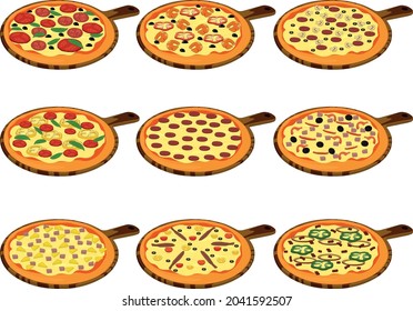 Whole pizza types with different toppings collection vector illustration