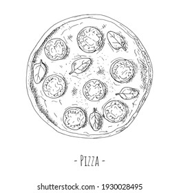 Whole pizza. Vector illustration. Isolated object on a white background. Hand-drawn style. Top view.