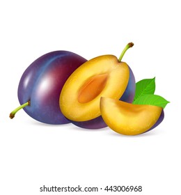 Whole plum fruit and his sliced segments isolated on white background. Realistic vector illustration.