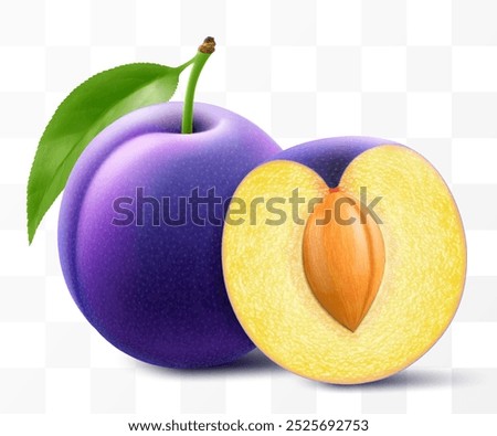 Whole plum and half plum with stone and leaf. Sweet purple plums isolated on transparent background. Oval ripe fruits, prunes, natural berries, fresh organic food. Realistic vector 3d illustration