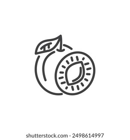 Whole plum with a leaf and a half line icon. linear style sign for mobile concept and web design. Plum fruit outline vector icon. Symbol, logo illustration. Vector graphics