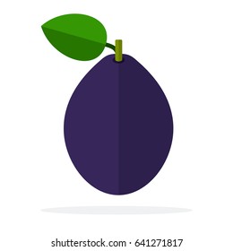 Whole plum with stem and leaf vertically vector flat material design isolated on white