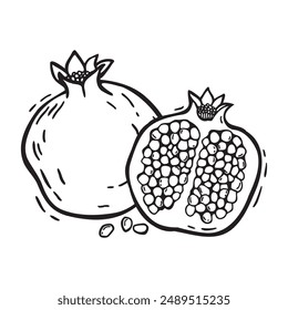 A whole pomegranate fruit and half with pulp. Vector botanical black and white hand drawn illustration in linocut style on isolated background. Drawing for food and cosmetics packaging design, menu
