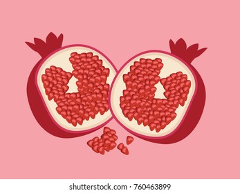 Whole pomegranate with half. Vector illustration.