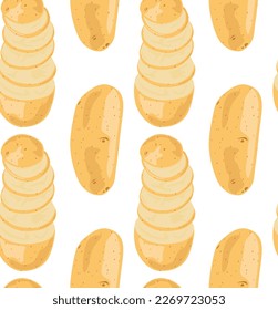 A whole potato and a cut unpeeled potato. Seamless pattern in vector. Isolated objects. Suitable for printing, prints and backgrounds. Food image.
