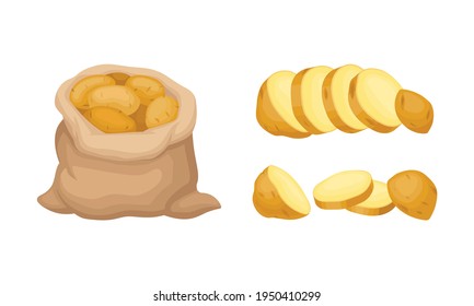 Whole Potato In Sack And Sliced As Root Vegetable Or Starchy Tuber Of Plant Vector Set