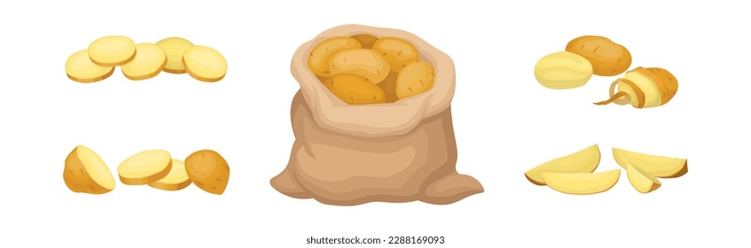 Whole Potato in Sack and Sliced as Root Vegetable or Starchy Tuber of Plant Vector Set