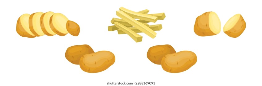 Whole Potato and Sliced or Chopped as Root Vegetable or Starchy Tuber of Plant Vector Set