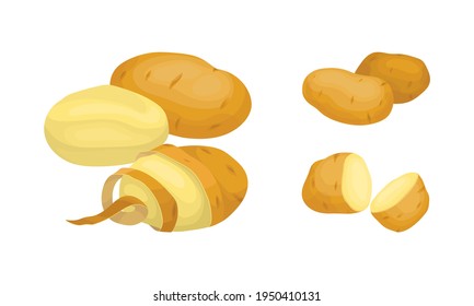 Whole Potato Sliced as Root Vegetable or Starchy Tuber of Plant Vector Set