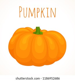 A whole pumpkin in cartoon style with the inscription. Vector template for autumn holiday theme.