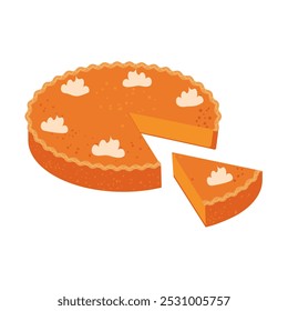 A whole pumpkin pie and a piece cut off. Traditional October pastry isolated on white background. Vector.