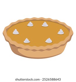 Whole pumpkin pie with whipping cream on top flat isolated illustration.