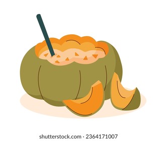 Whole pumpkin with porridge inside and pumpkin slices side by side. Thanksgiving concept.