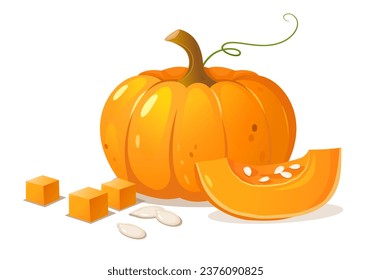 Calabaza entera con trozos de calabaza, cubos y semillas