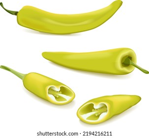 Toda la cuarta parte de las pimienta bananeras para carteles, volantes, afiches, medios sociales. Pimienta de cera amarilla. Pimienta de plátano. Capsicum annuum. Verduras. Ilustración vectorial aislada en fondo blanco.