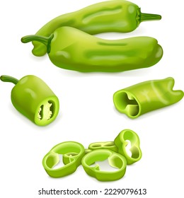 Whole, quarter, slices, and wedges of Shishito green pepper. Capsicum annuum. Chili pepper. Fresh organic vegetables. Vector illustration isolated on white background.