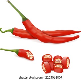 Todo, cuarto y trozos de pimientos de Cayenne para carteles, volantes y medios sociales. Ginnie Pippers. Pimientos de chile. Verduras ecológicas frescas. Ilustración vectorial aislada en fondo blanco.