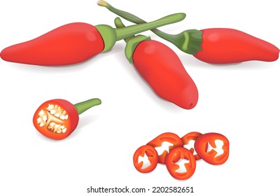 Whole, quarter, and wedges of Peri peri peppers. Peri peri peppers. Piri Piri. Piripiri. Pili pili. Bird's eye peppers. Siling labuyo. Vegetables. Vector illustration isolated on white background.