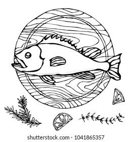 Whole Raw Fish on Round Cutting Board. For Cooking, Holiday Meals, Recipes, Seafood Guide, Menu. Hand Drawn Illustration. Savoyar Doodle Style.
