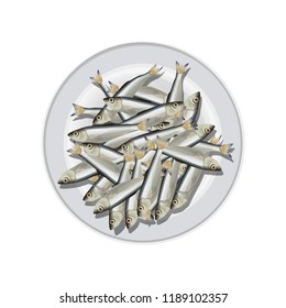 Whole raw fish on white plate. Vector illustration isolated on white background